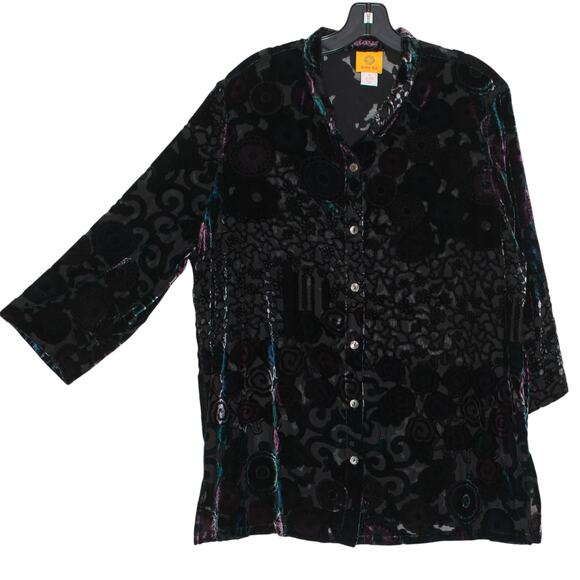Top Velvet Burnout 3/4 Sleeve Whimsigoth Fairy Grunge Witchy Sheer Button 18 - Picture 1 of 6